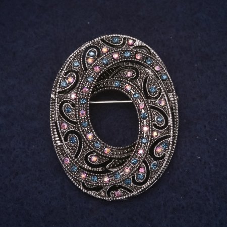 Brooch Accent 45x35 mm, crystals in blue chameleon and pink, silver-toned metal