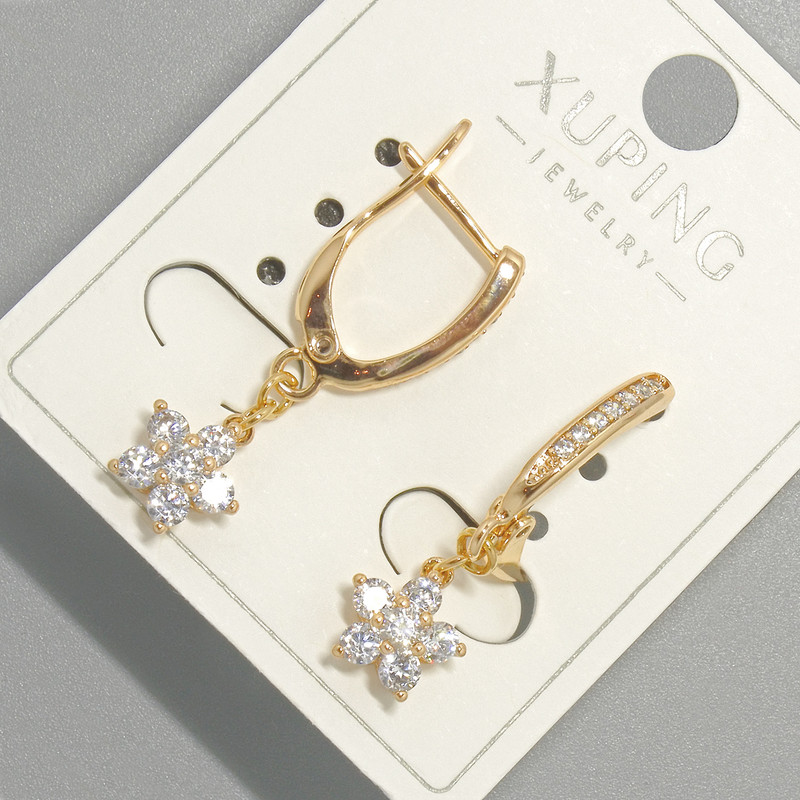 Earrings 'Flower' Xuping with white crystals, diameter 8 mm, length 29 mm, 18K gold plating