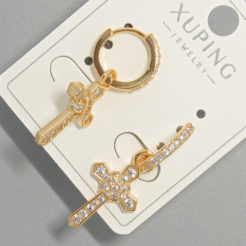 Earrings 'Cross' Xuping with white crystals, diameter 12×22 mm, length about 30.5 mm, 18K gold plating