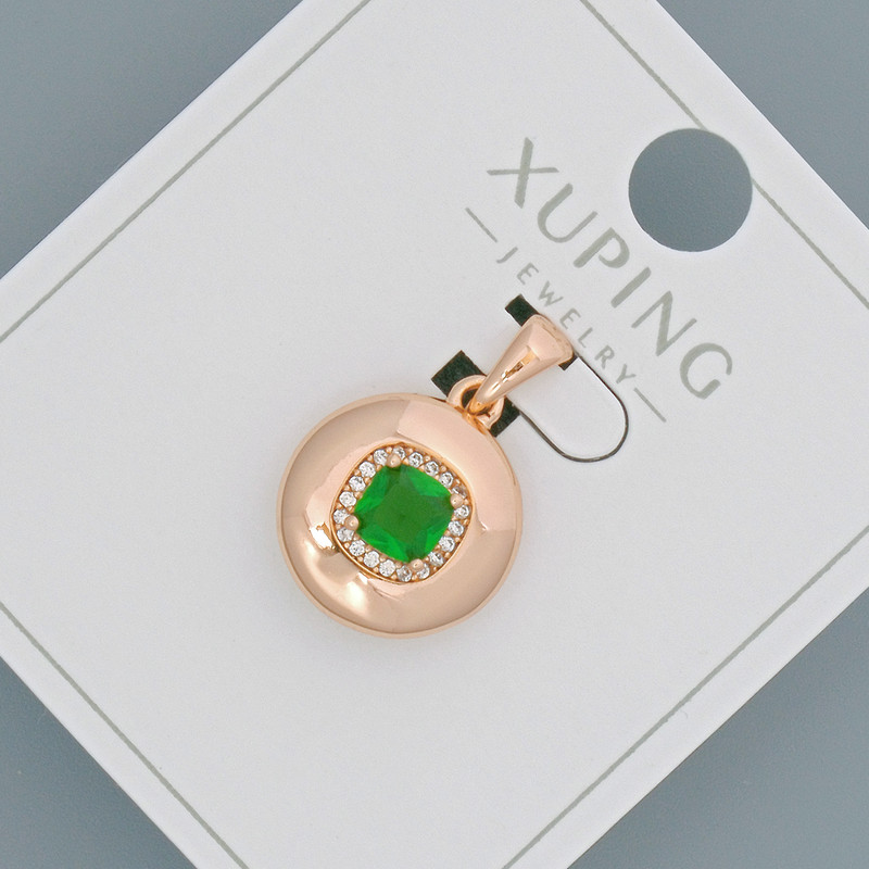 Xuping Pendant with Green Crystal and White Crystals, 14 mm Diameter, 20 mm Length, 18K Gold Plating