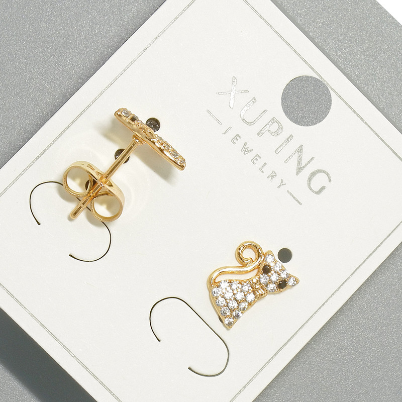 Stud earrings 'Cat' Xuping with white and black crystals, diameter 7x10.5 mm, 18K gold plating
