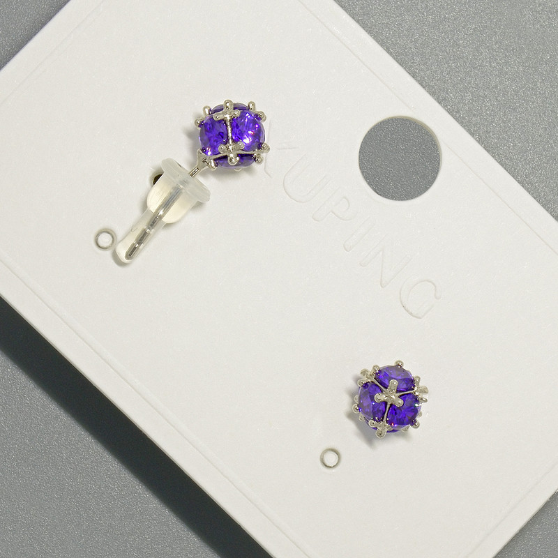 Xuping Stud Earrings with Violet Crystal, 6.5 mm Diameter, Rhodium-Plated