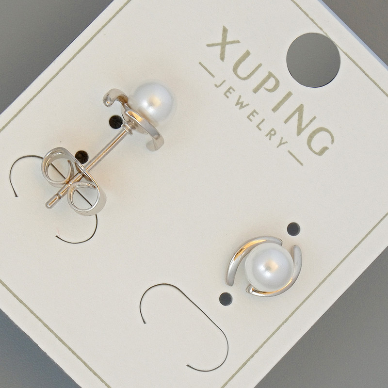 Xuping Stud Earrings with White Bead, 7x9 mm, Rhodium-Plated