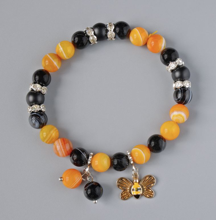 Bracelet of Shungite and Agate, black and orange, smooth bead, 8 mm diameter, 18 cm length, stretch (elastic) with metal inserts and rhinestones