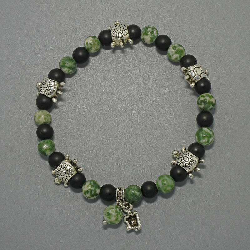 Bracelet with Moss Agate and Shungite (synthetic) Smooth Beads, Diameter about 6 mm, 6.5 mm +/-, Length 18 cm +/- (stretch) with metal inserts