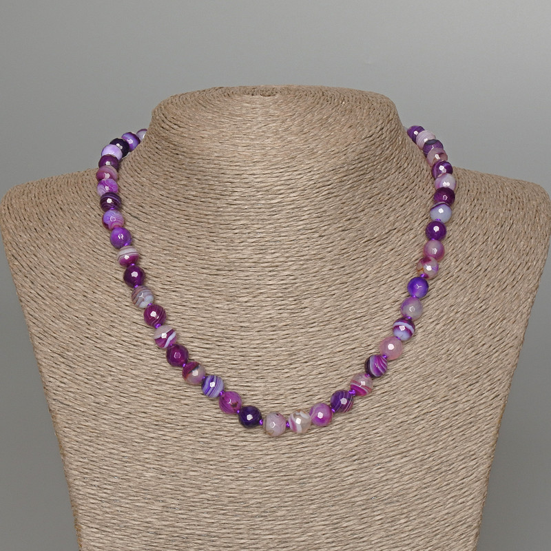 Purple agate necklace, natural stone, faceted beads, diameter 8mm+-, length 44cm+-
