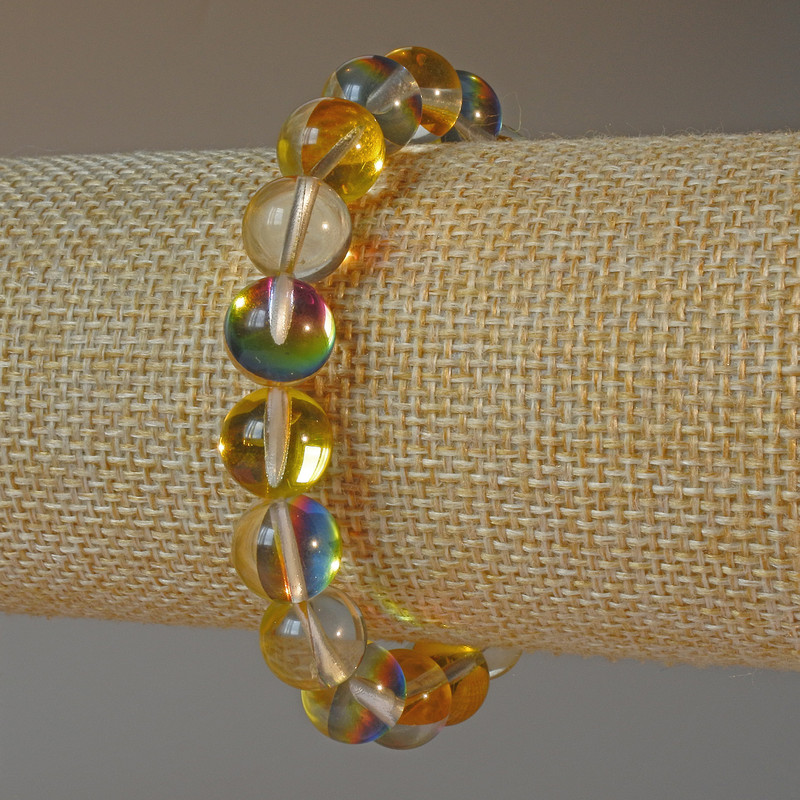Opal glass bracelet 'Yellow Chameleon' smooth beads, diameter 10.5 mm, length 18 cm (stretch)