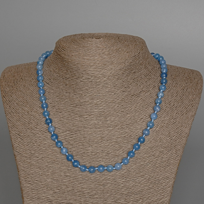 Aquamarine Necklace, natural stone, smooth bead, diameter 6.5 mm, length 48 cm