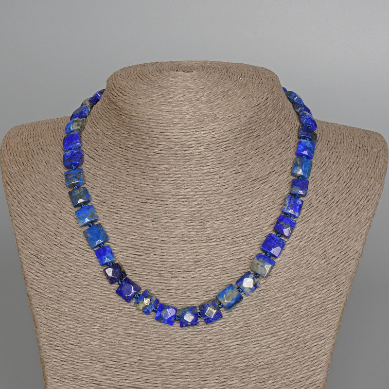 Azurite necklace, natural stone flat faceted square, 9.5×5 mm diameter approx, length 45 cm