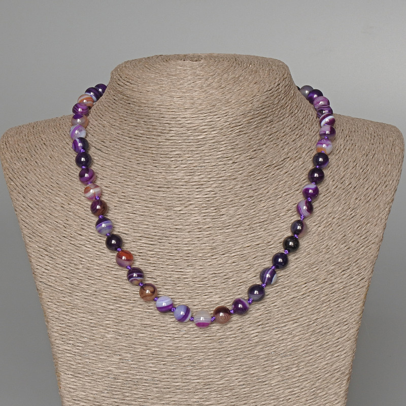 Purple Agate Necklace, Natural Stone, Smooth Beads, 8mm Diameter, 47cm Length
