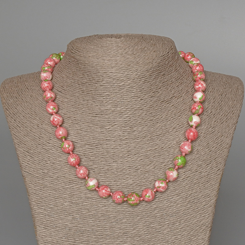 Necklace 'Variscite' (acrylic) pink, white, and green colors, smooth beads, diameter 10mm (+/-), length about 49 cm