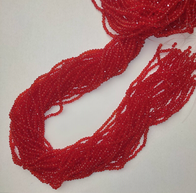 Beads Czech Crystal, Red Transparent, Faceted Rondelle, Diameter 3×2.5 mm, Length 39 mm ± on thread