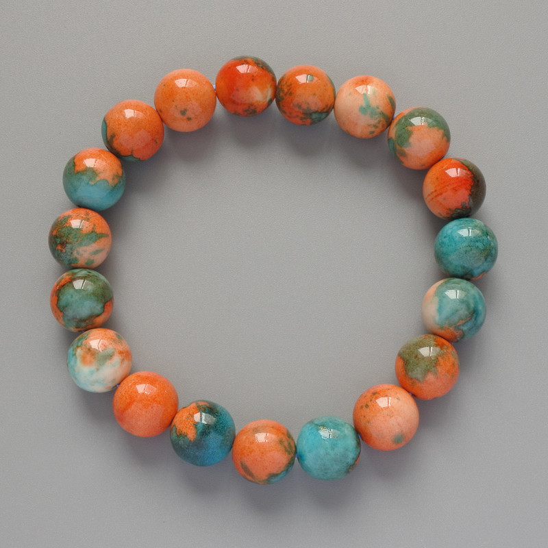 Bracelet 'Variscite' (acrylic) orange, blue and white colors, smooth beads, 10 mm diameter, approx. 18 cm long (stretch)