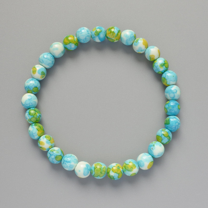 Bracelet 'Variscite' (acrylic) blue, white and yellow colors, smooth beads, 6.5mm diameter, 18cm length, stretch