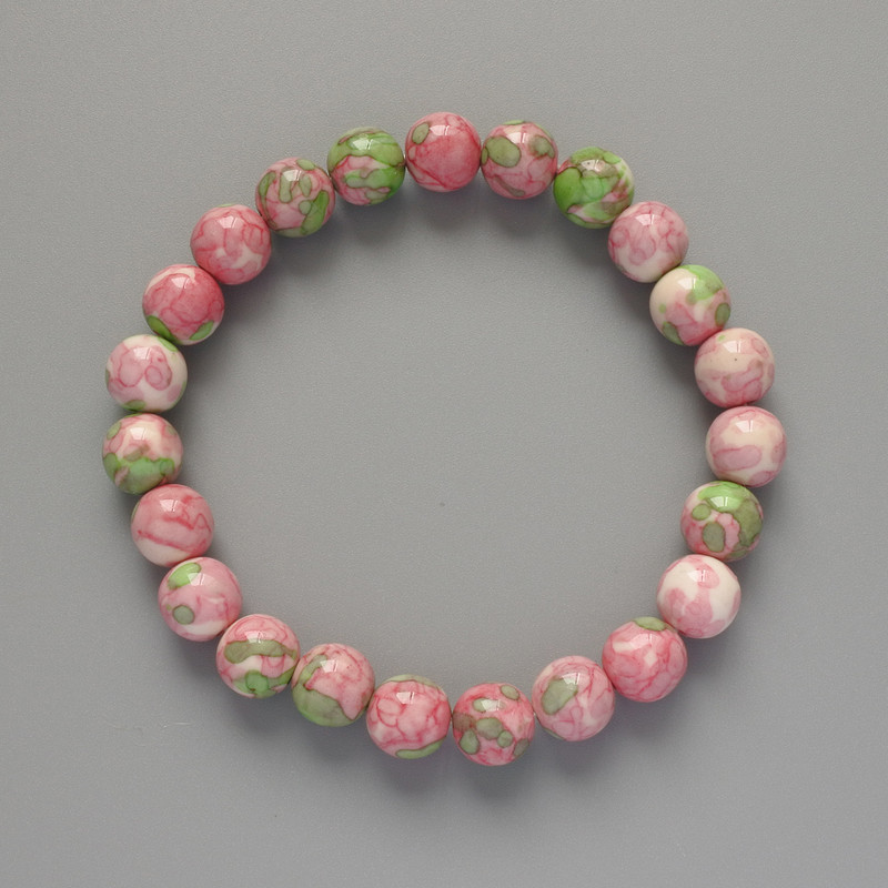 Bracelet 'Variscite' (synthetic acrylic) pink, white, and green colors, smooth beads, 8.5 mm diameter, 18 cm length, stretch