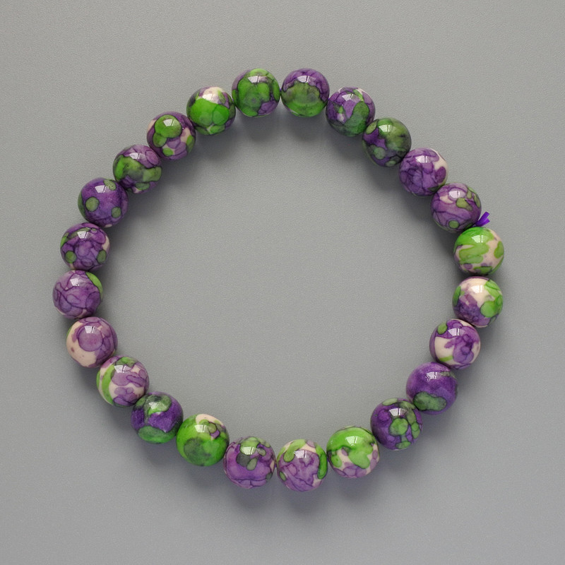 Bracelet 'Variscite' (synthetic acrylic) purple, white and green colors, smooth beads, 8.5 mm diameter, 18 cm length +/- (stretch)
