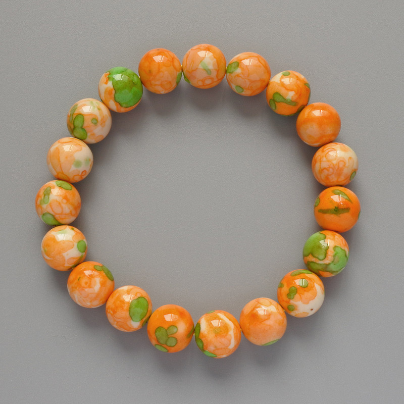 Bracelet “Variscite” (artificial acrylic) in green, orange and white colors, smooth beads, diameter 10mm+, length 18cm+- (stretch)