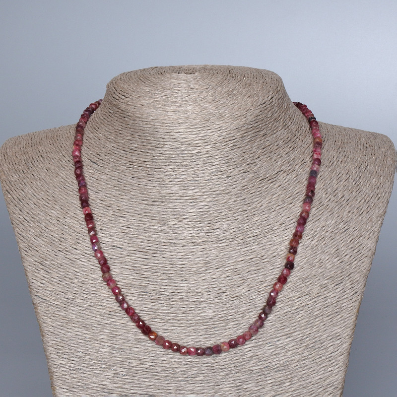 Natural Ruby Necklace with Faceted Cube Beads, 4 mm Diameter, 48 cm Length