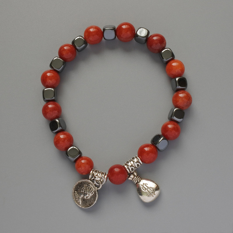 Red Jasper (Synthetic) and Hematite Bracelet with Metal Inserts, Bead Diameter 6–8 mm, Length ~18 cm