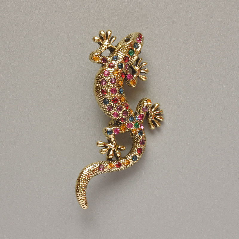 Lizard Brooch with Multicolored Rhinestones on Golden Metal 29x63mm