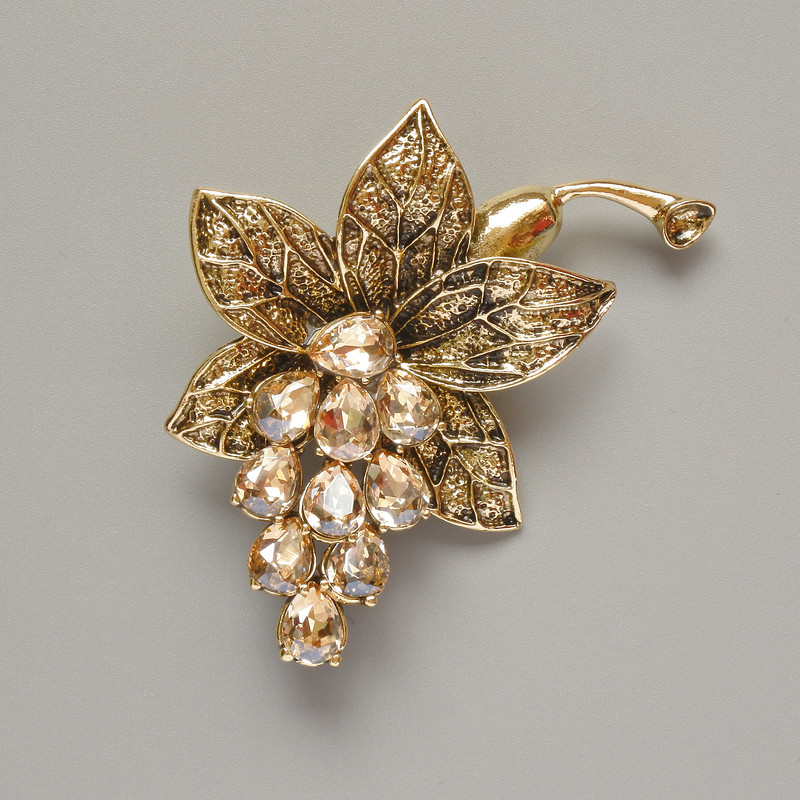 Flower Brooch-Pendant with Yellow Crystals, Golden Metal 43x60 mm