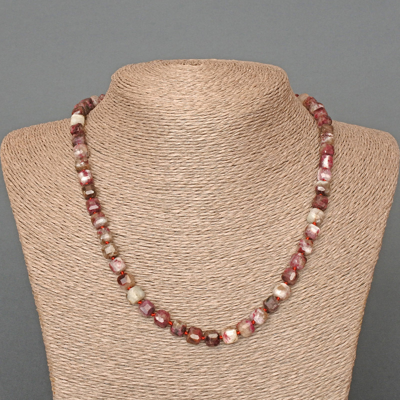 Tourmaline Necklace with Faceted Cubes, Natural Stone, Diameter 7mm, Length 49cm