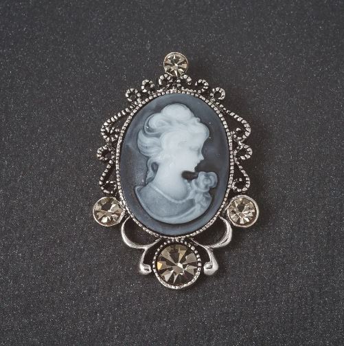 Brooch 'Cameo Lady' in silver-toned metal with crystals, 50mm +