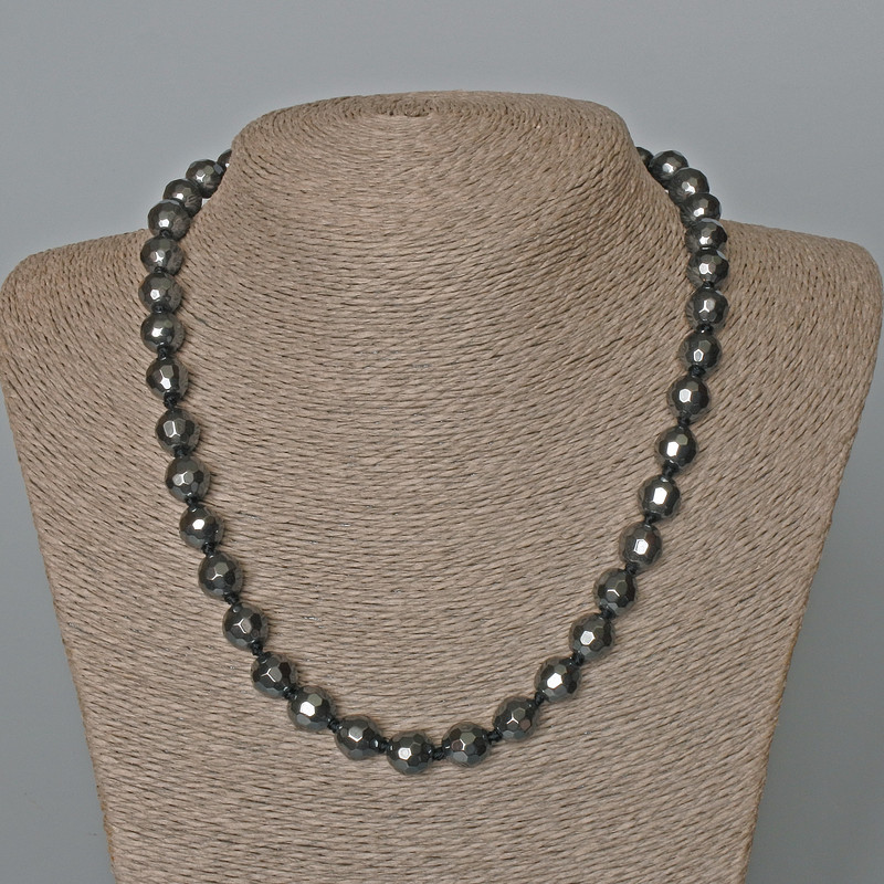 Hematite Necklace with Faceted Round Beads, 10 mm Diameter, 48 cm Length