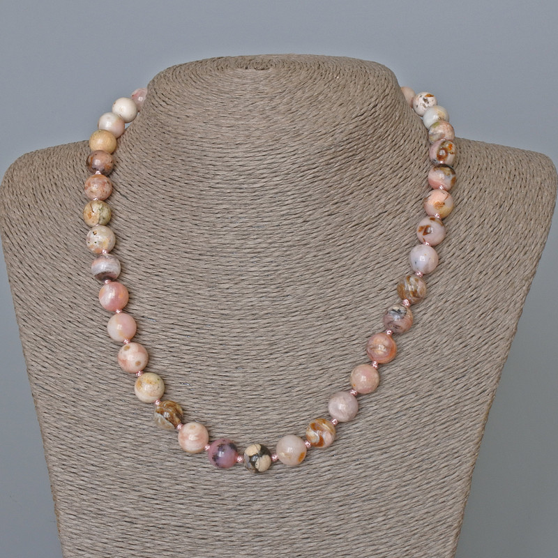 Necklace Pink Opal natural stone smooth bead, diameter 10 mm±, length 47 cm±