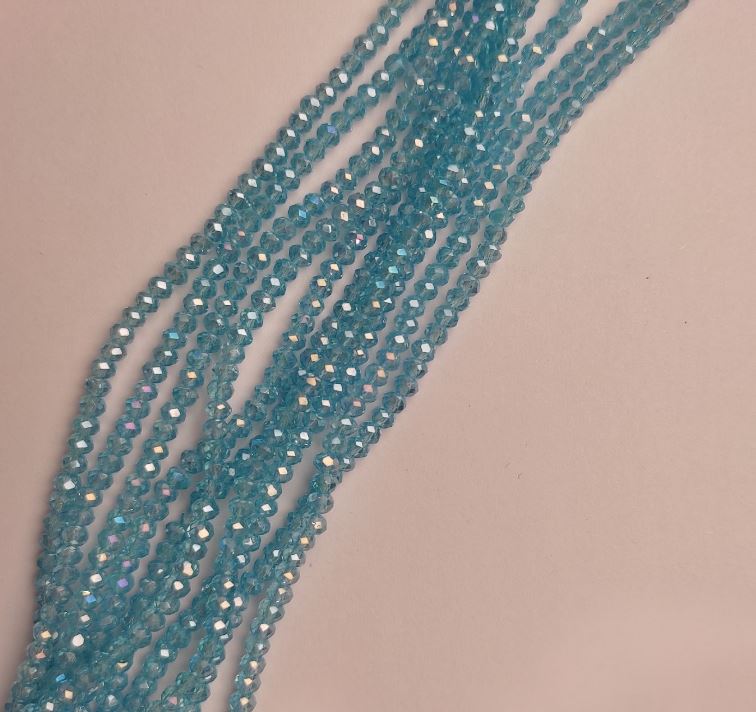 Blue Czech Crystal Beads on Thread, Gasoline-Iridescent, Faceted Rondel, Diameter 3.5×2.5 mm, Length 38 cm