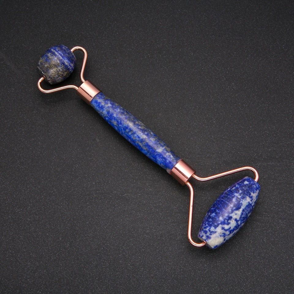 Azurite stone massager, double-sided, length 14.5 cm, gold-tone metal