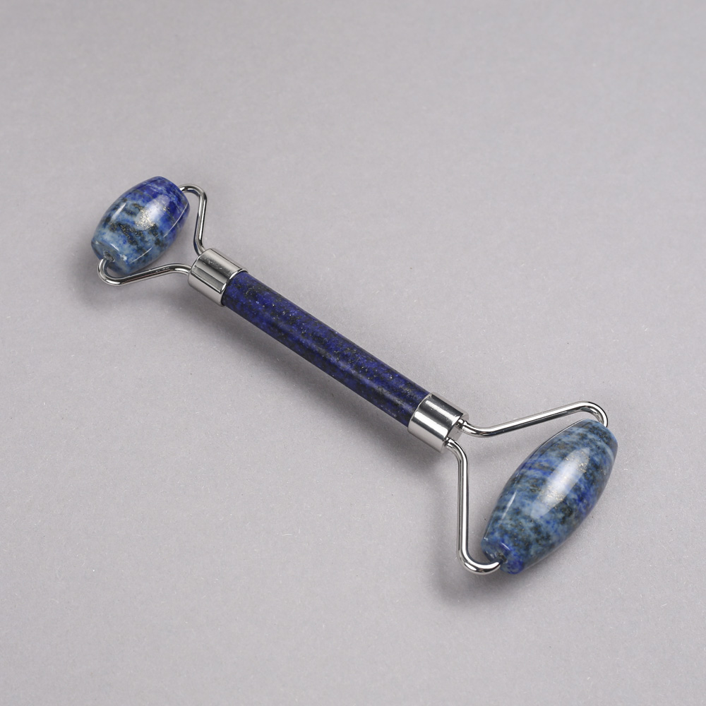 Lazurite Stone Roller Massager, Two-Sided, 14.5 cm, Silver Metal