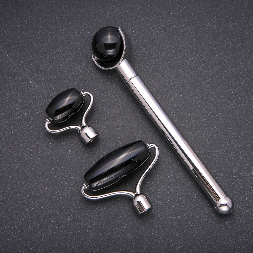 Agate Massager Set with 3 Attachments in Silver Metal