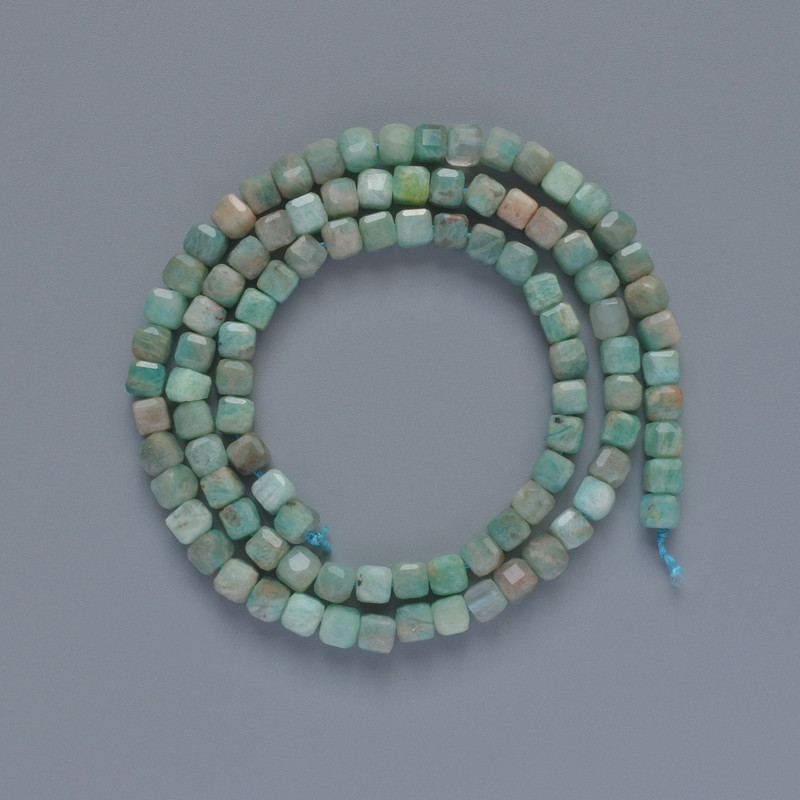 Amazonite Beads, Natural Stone, Faceted Cube, Diameter 4 mm ±, Length 39 cm ± on Thread