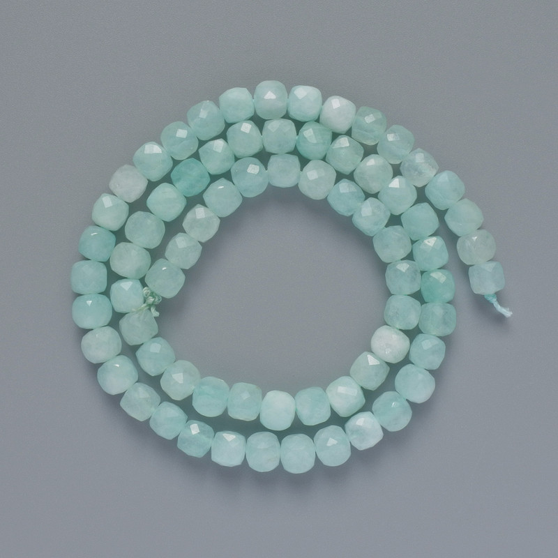 Aquamarine Beads, Natural Stone, Faceted Cubes, Diameter 5.5 mm, Length 38 cm on Thread