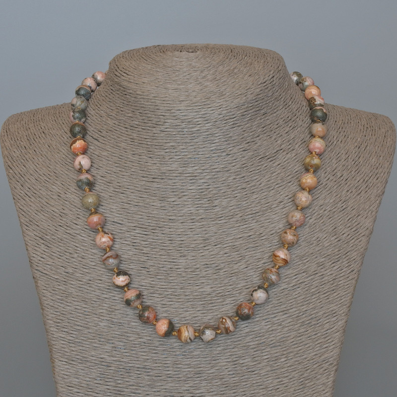 Rhodolite Necklace, Natural Stone, Smooth Beads, Diameter 8.5 mm, Length 49 cm ±