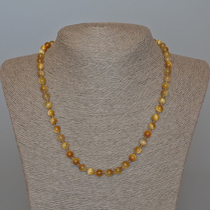Yellow Cat's Eye Necklace with Natural Stone, Smooth Bead, Diameter 6.5 mm, Length 49 cm