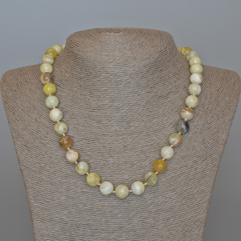 Yellow Opal Necklace with Natural Stone, Smooth Beads, Diameter 10.5 mm, Length 49 cm