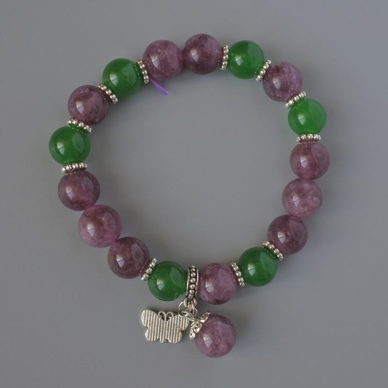Bracelet of Rubellite Tourmaline and Chrysoprase, smooth beads, diameter about 10 mm, length 18 cm, with metal inserts (stretch)