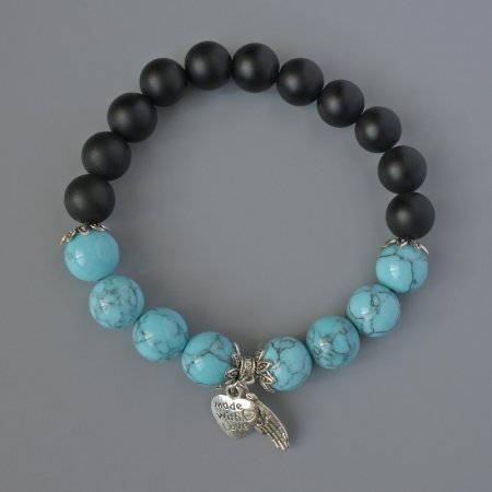 Shungite and Turquoise Bracelet (Individual) Smooth Beads, 10mm Diameter, 18cm Length, with Metal Accents (Stretch)