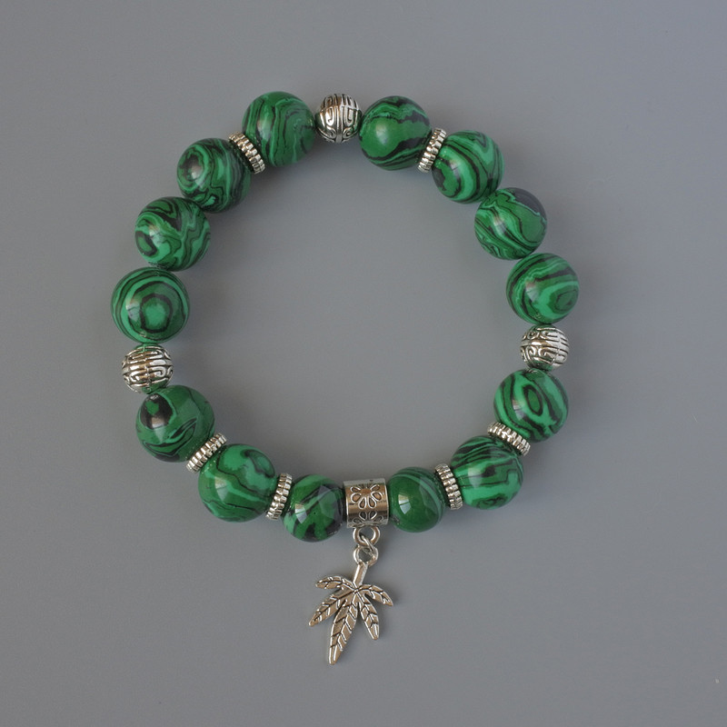 Malachite Bracelet (pressed) Smooth Bead, 12 mm diameter, 18 cm length, with metal inserts (stretch)
