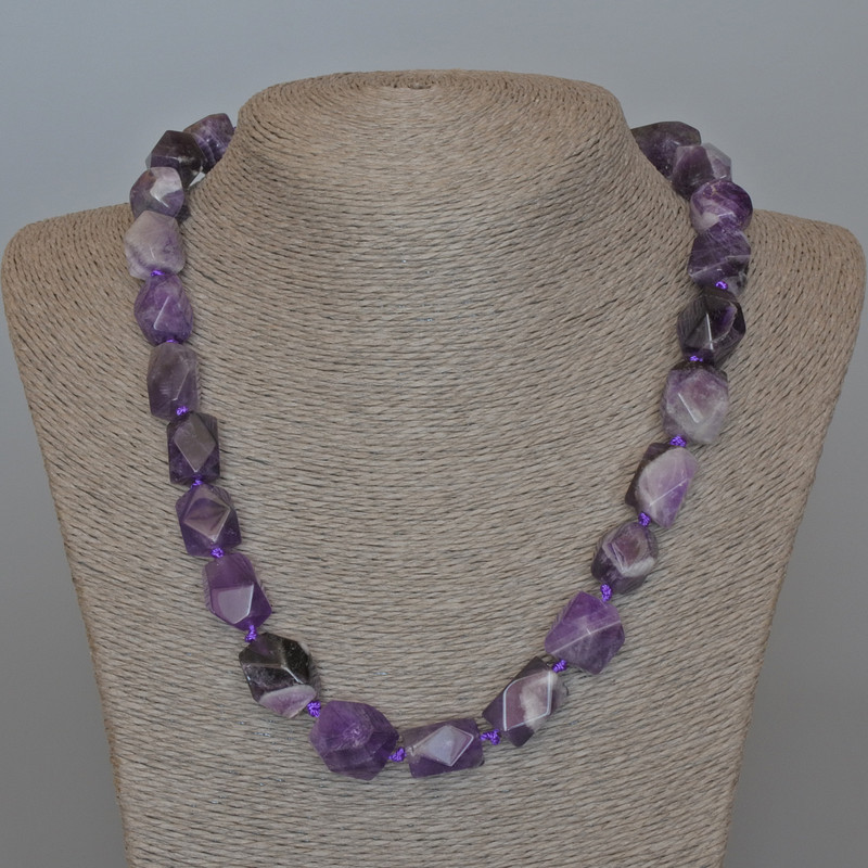 Beaded Necklace Amethyst natural stone faceted, diameter 14×17 mm +/-, length 54 cm +/-