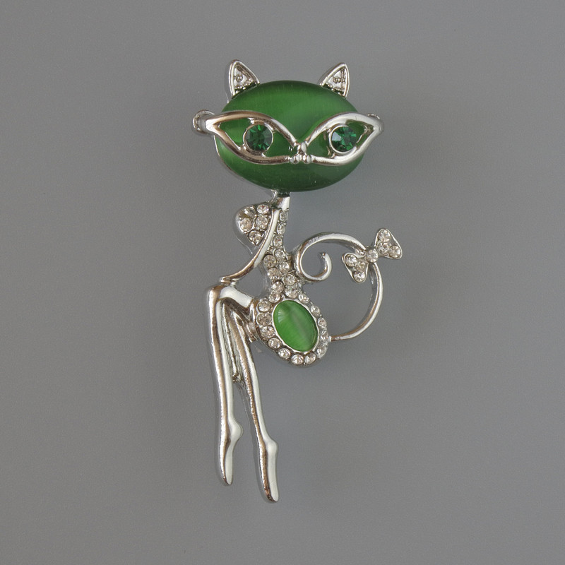 Cat Brooch-Pendant with Green Cat's Eye, Green and White Rhinestones, Silver-Tone Metal 23x52 mm