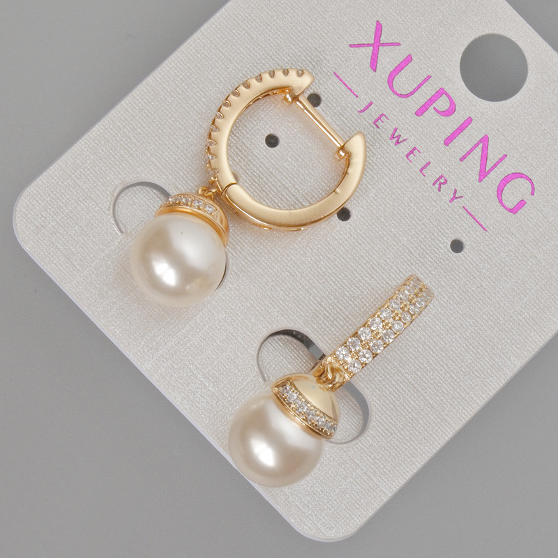 Xuping Earrings with White Crystals and Mallorca Pearl, Diameter 9 mm ±, Length 27 mm ±, 18K Gold Plating