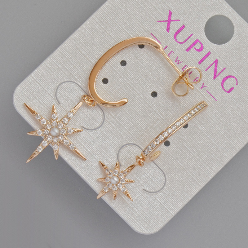 Xuping 'Star' stud earrings with white bead and crystals, diameter 19mm, 12mm +-, length 42mm, 35mm+- 18K gold plating