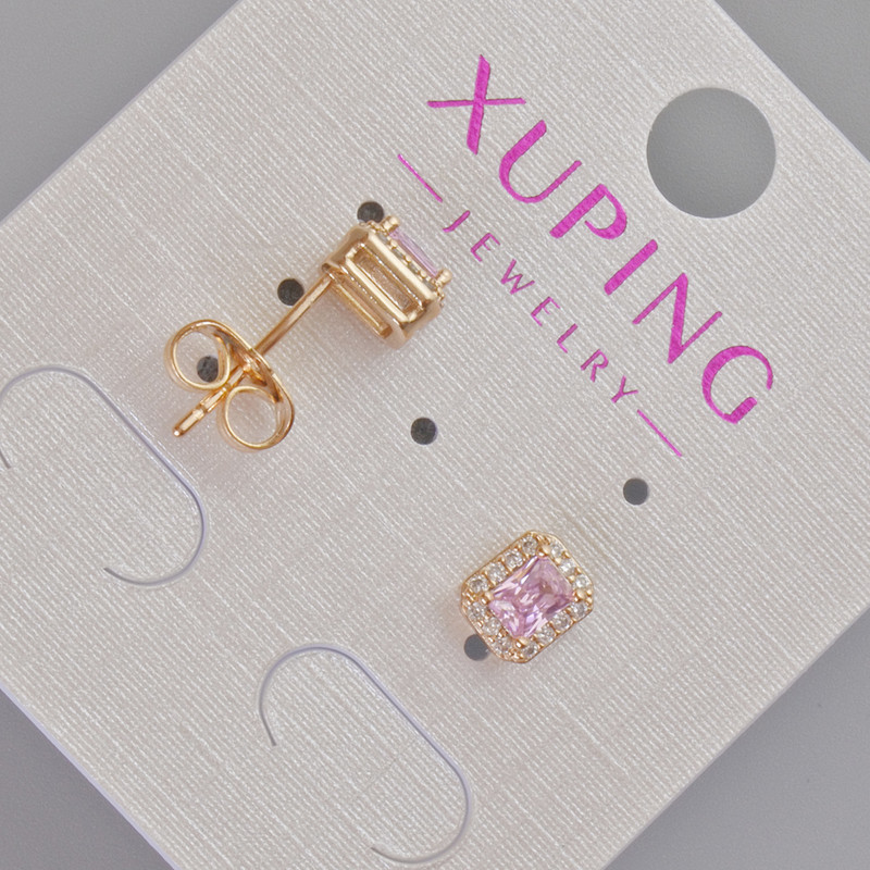 Xuping Stud Earrings with Pink Crystal and White Rhinestones, Diameter 6.5×5.5 mm, 18K Gold Plating