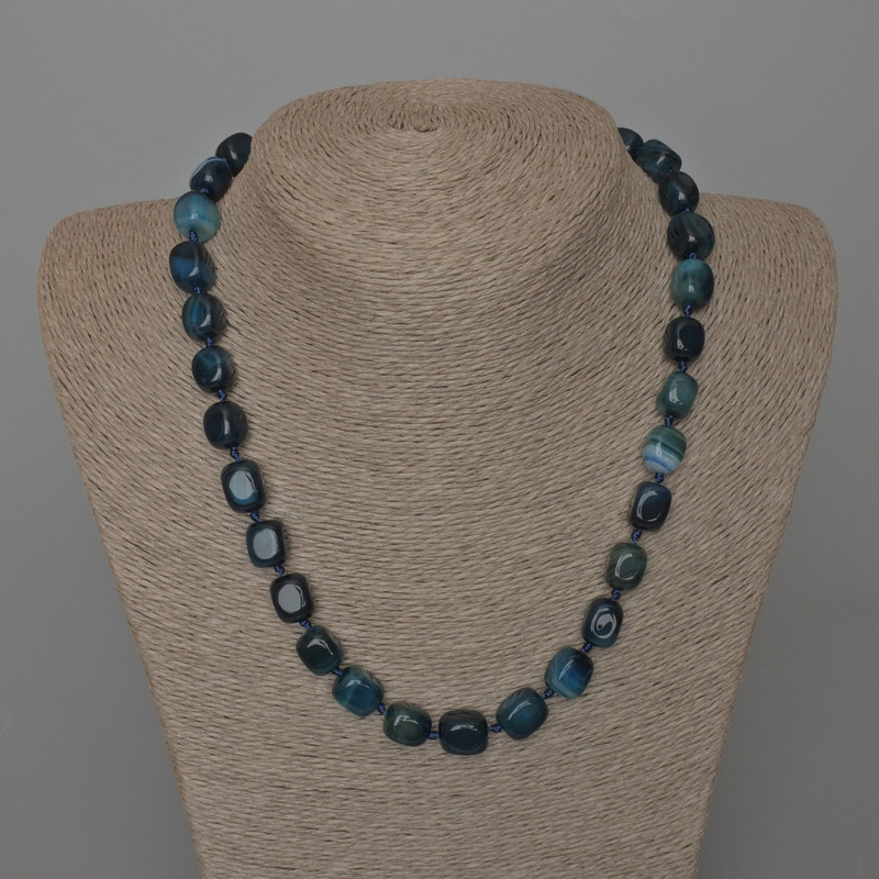 Blue agate necklace with natural stone, barrel beads 9×12 mm, length approximately 45 cm with clasp