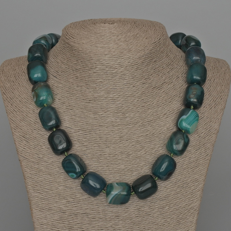Green Agate Necklace, Natural Stone, Bar-Shaped Beads 16×19 mm, Length approximately 53 cm