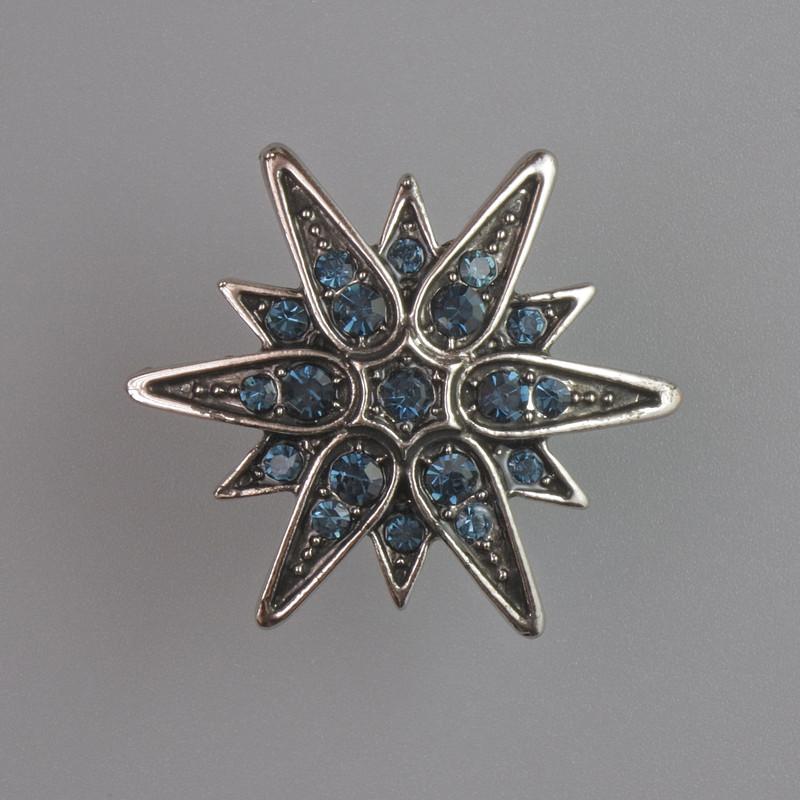 Star Brooch with Blue Crystals, Silvery Metal 26×26mm