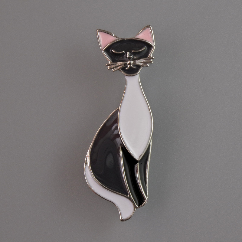 Brooch Kitty black and white enamel, silver-toned metal 37x13mm